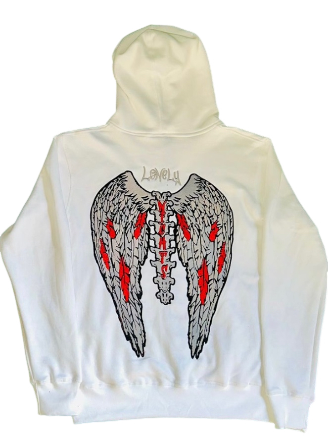 White LonelyNights Hoodie with Red&Grey Design-PRe ORDER