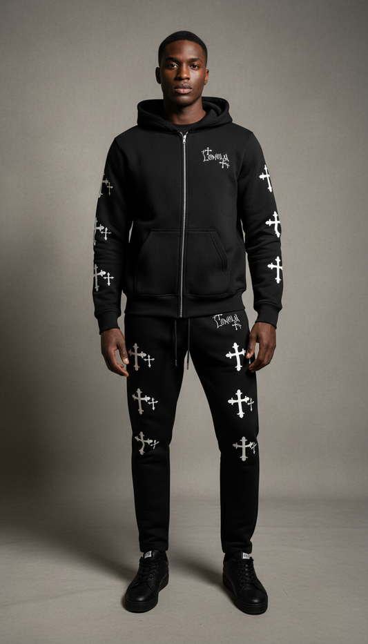 LonelyNights Black&White Cross Sweatsuit