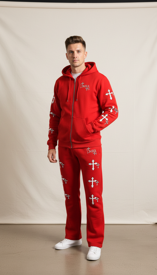 LonelyNight Red&White Cross sweatsuit