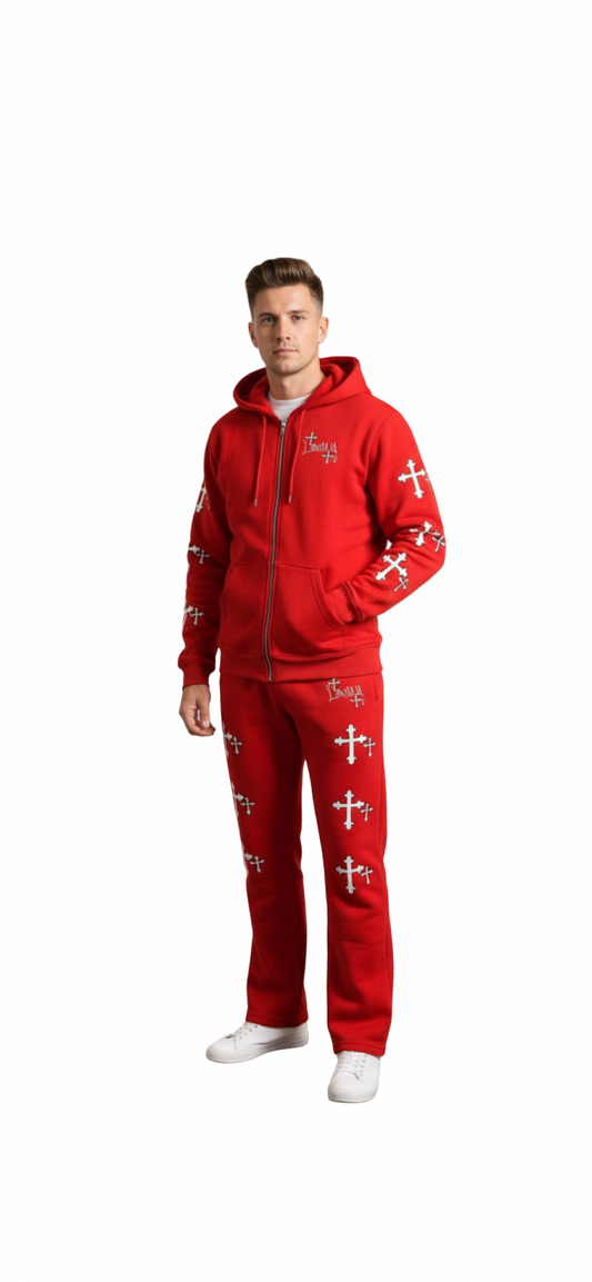 LonelyNight Red&White Cross sweatsuit